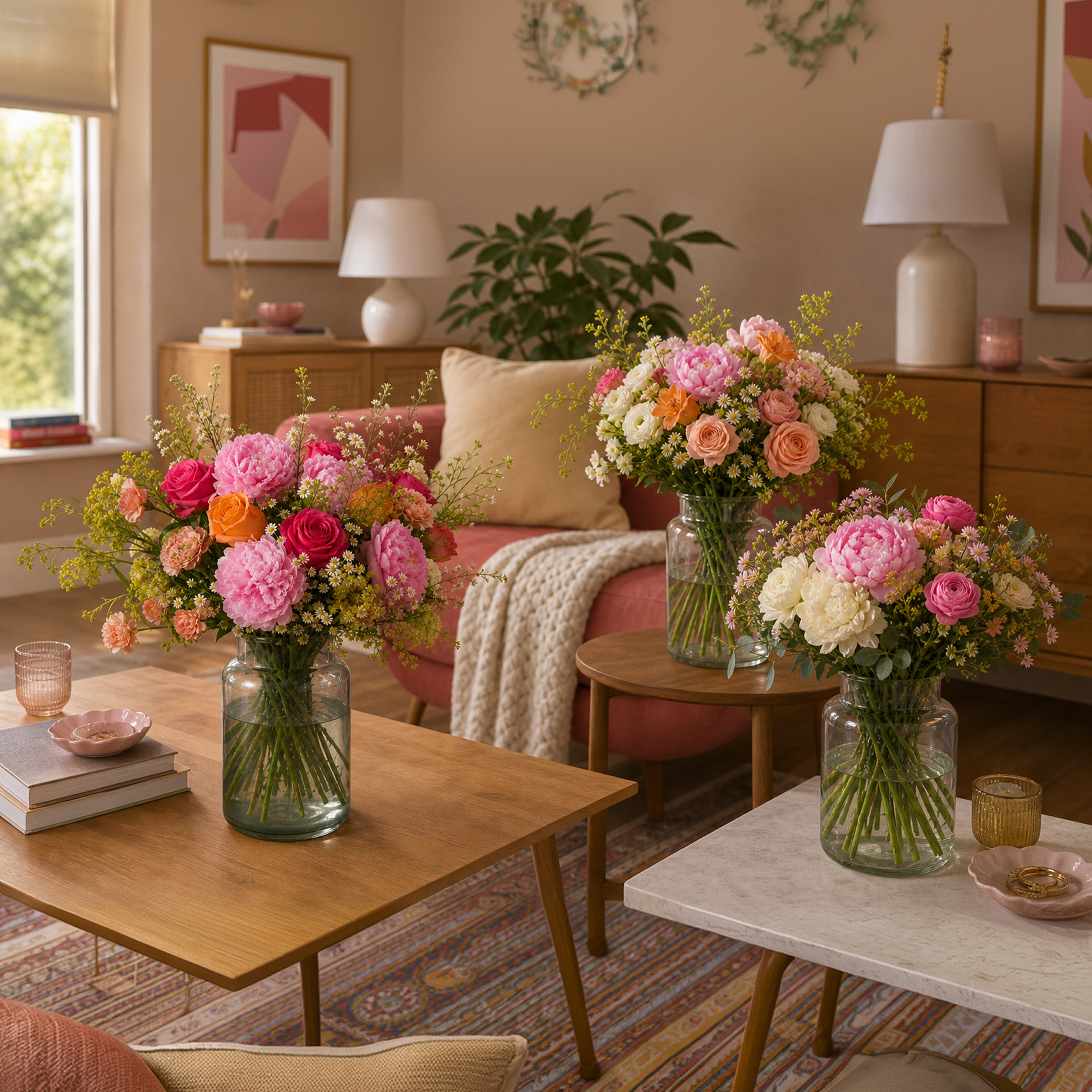 Drei frisch gebundene Blumensträuße in Vasen, die drei Abo-Größen Posy, Bloom und Bouquet