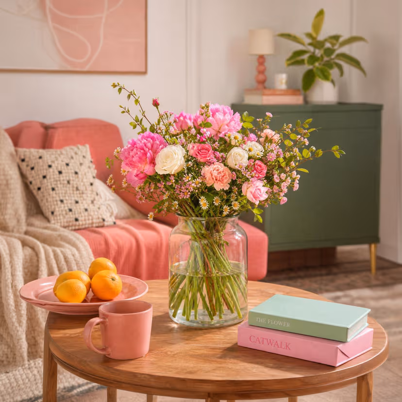 Individuell gebundenes Blumenarrangement mit Rosen und Nelken in einer Glasvase