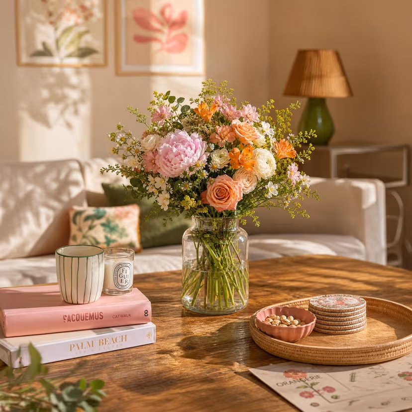 Blumenstrauß in einem Glaskrug als Deko auf einem Wohnzimmertisch