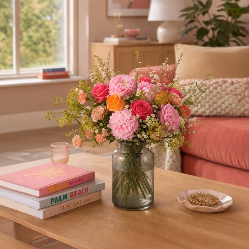 Blumenstrauß mit Pfingstrosen und Rosen in einer Glasvase
