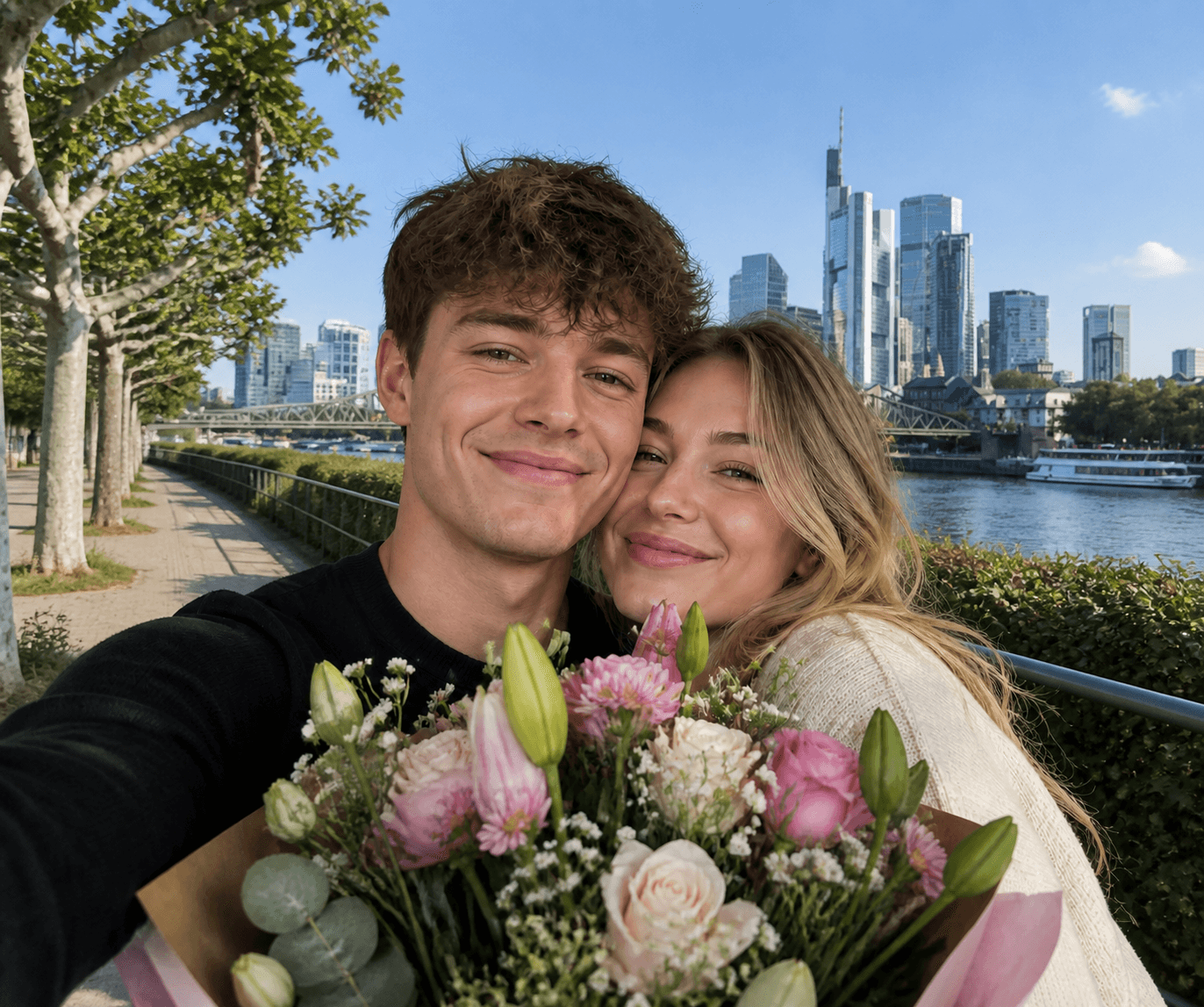 Paar mit einem rosa Blumenstrauß am Mainufer, im Hintergrund die Frankfurter Skyline und der Eiserne Steg