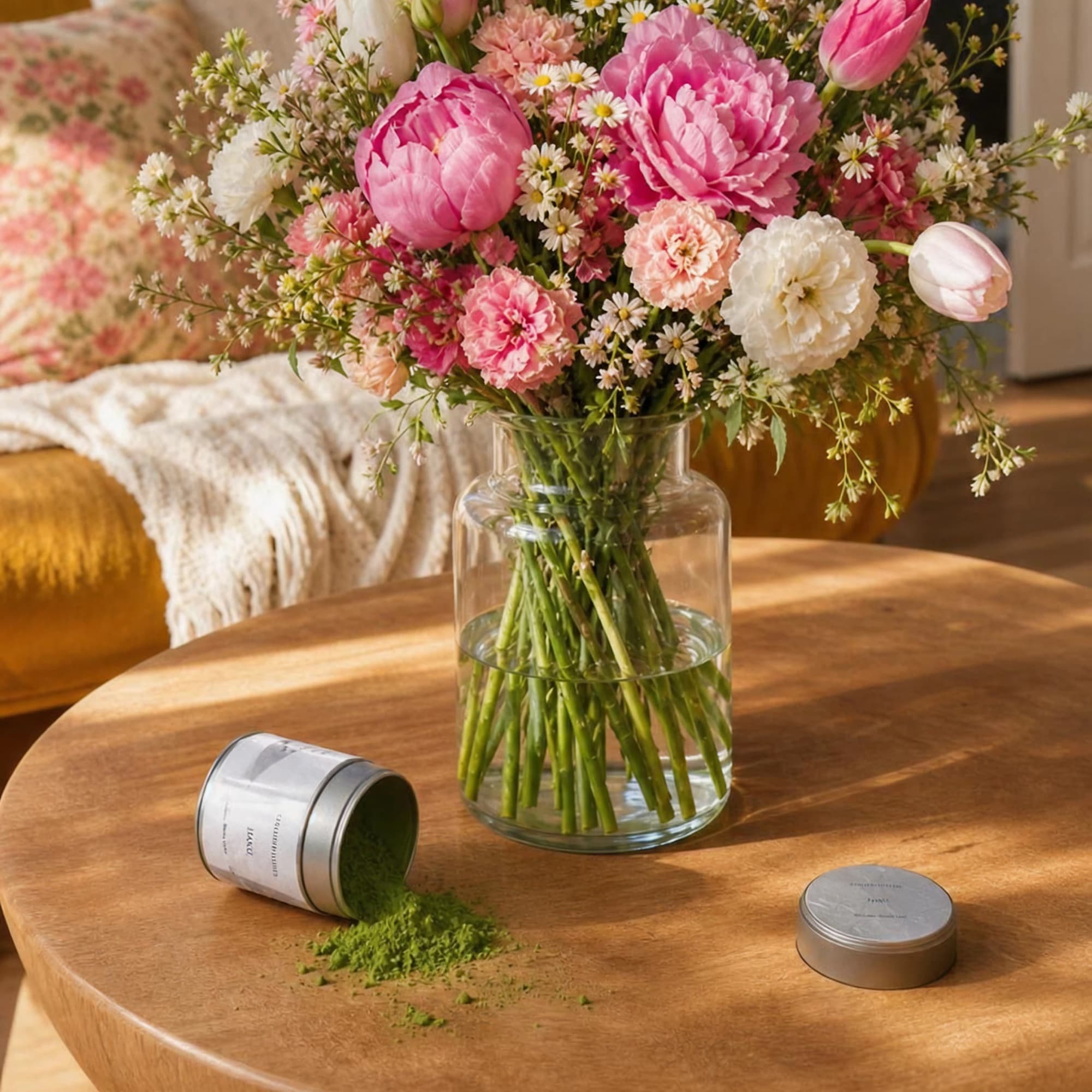 Blumenstrauß mit Pfingstrosen, Kamillen und grünem Laub in Glasesvase, daneben offene Matcha-Dose und Metallbehälter