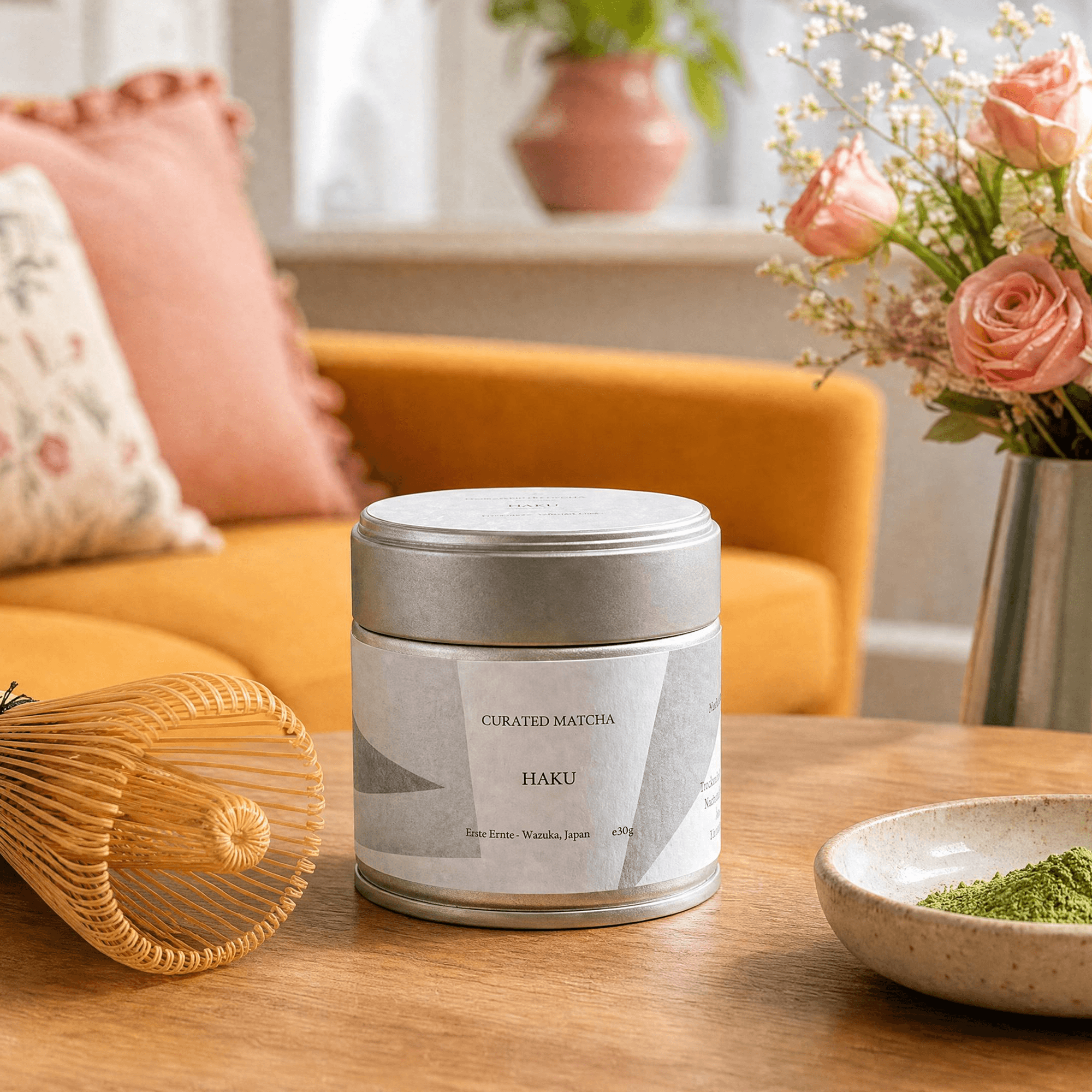 Matcha-Dose HAKU auf Holztisch mit Matchabesen, Schale und Blumenstrauß im Hintergrund
